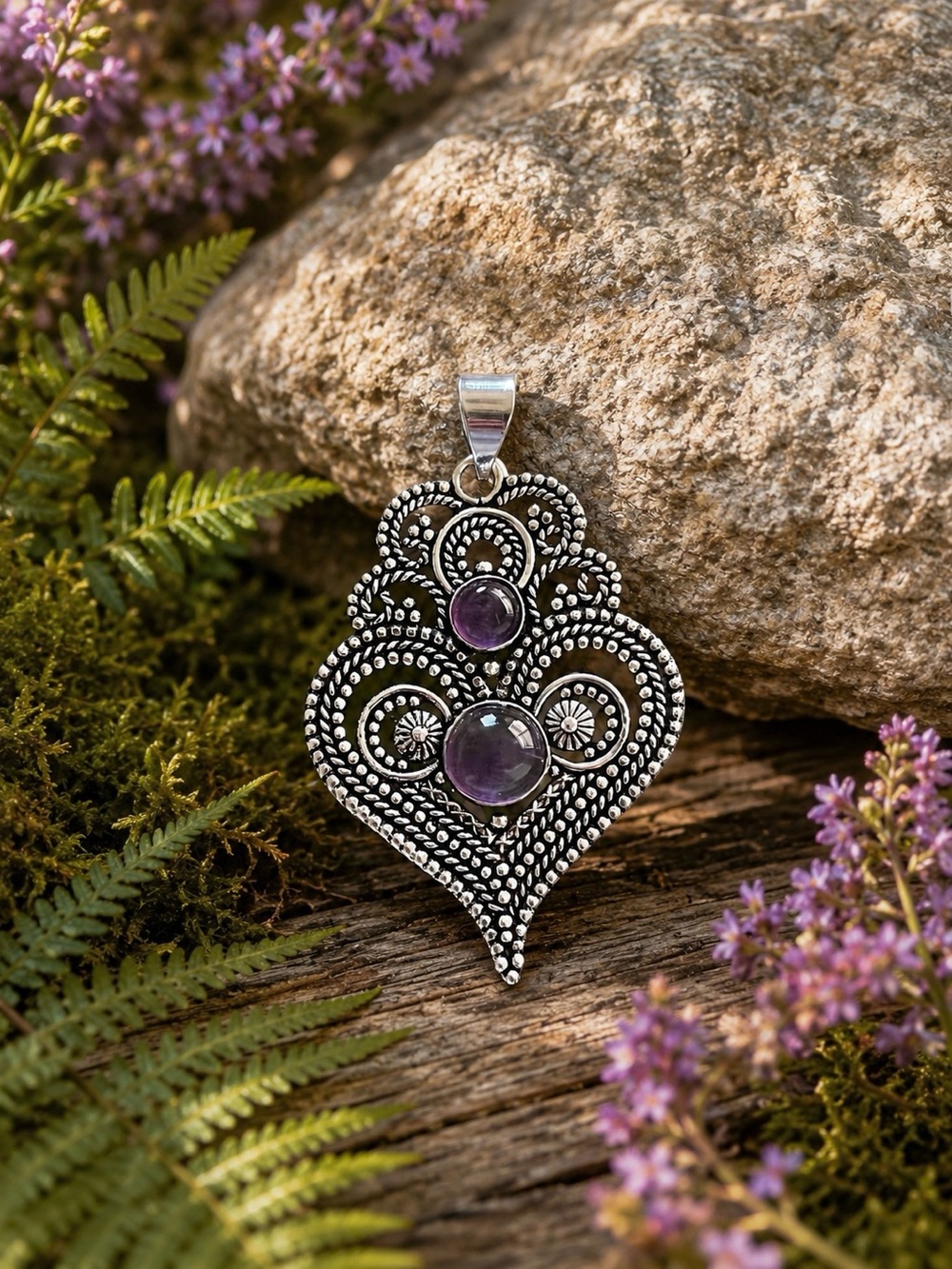 Natural Purple Amethyst Heart Sterling Silver 18” Necklace